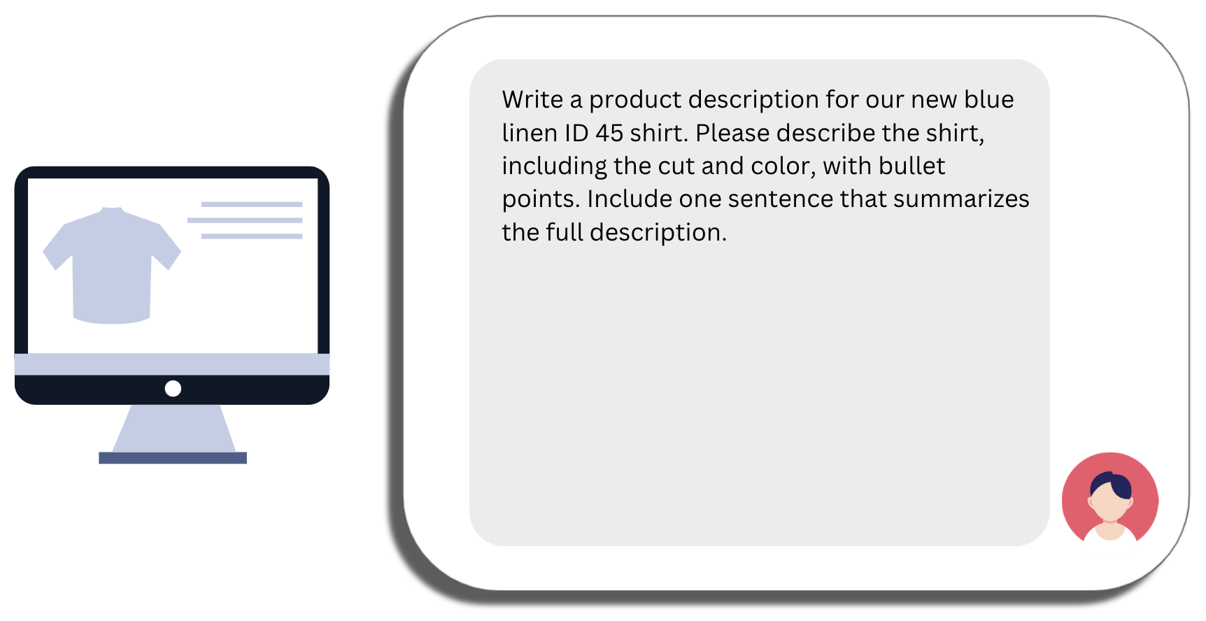 A prompt for a product description for a shirt with a specific product name with specific requests