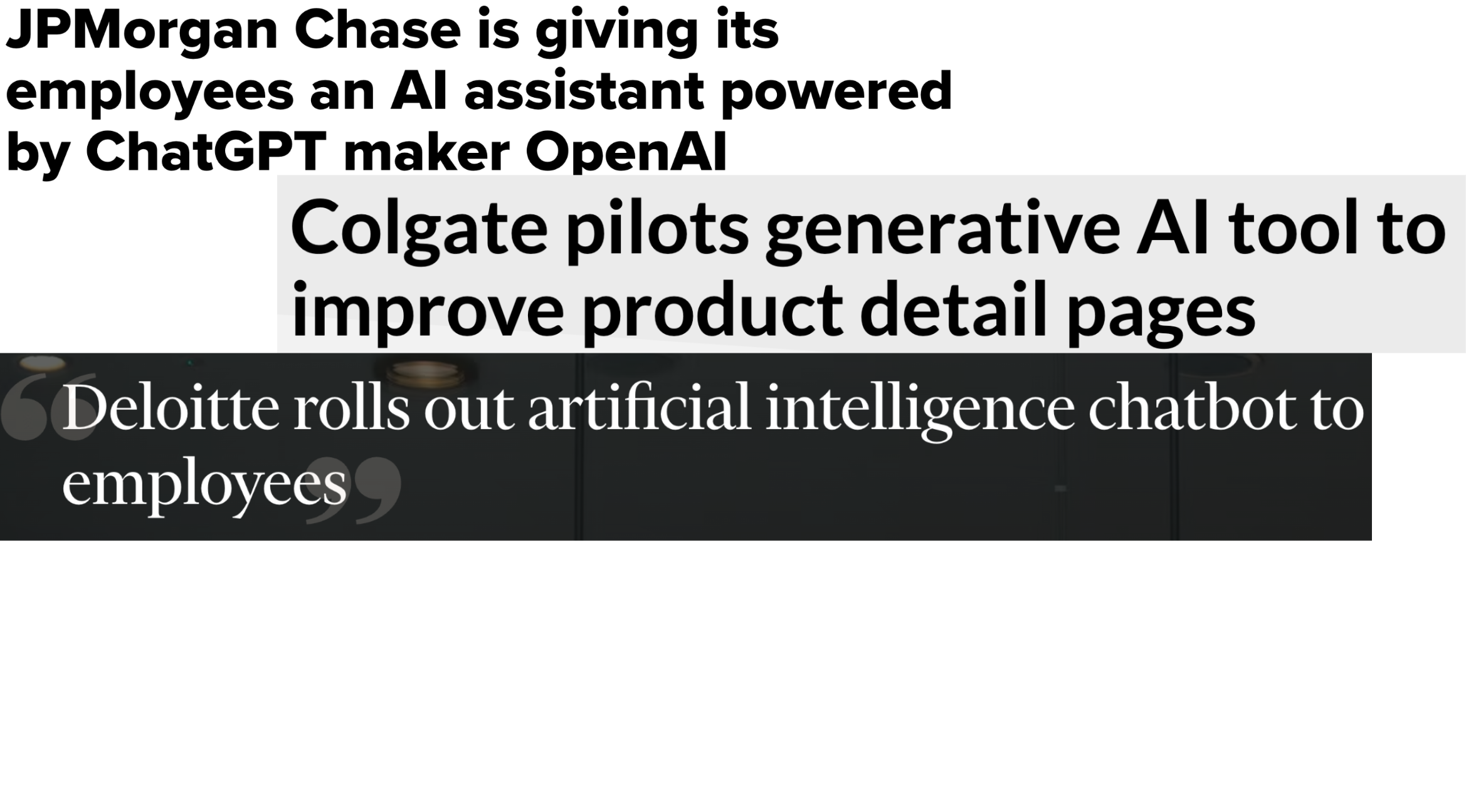 News headlines of businesses developing and adopting GPT models