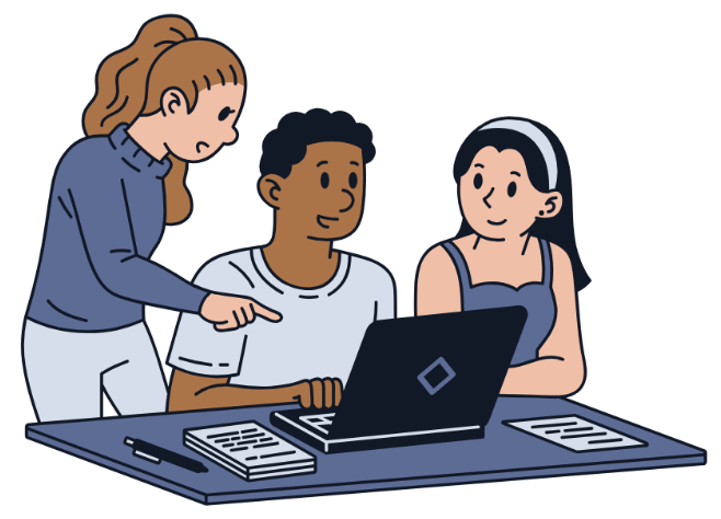 Three students at a desk surrounding a computer: representing university
