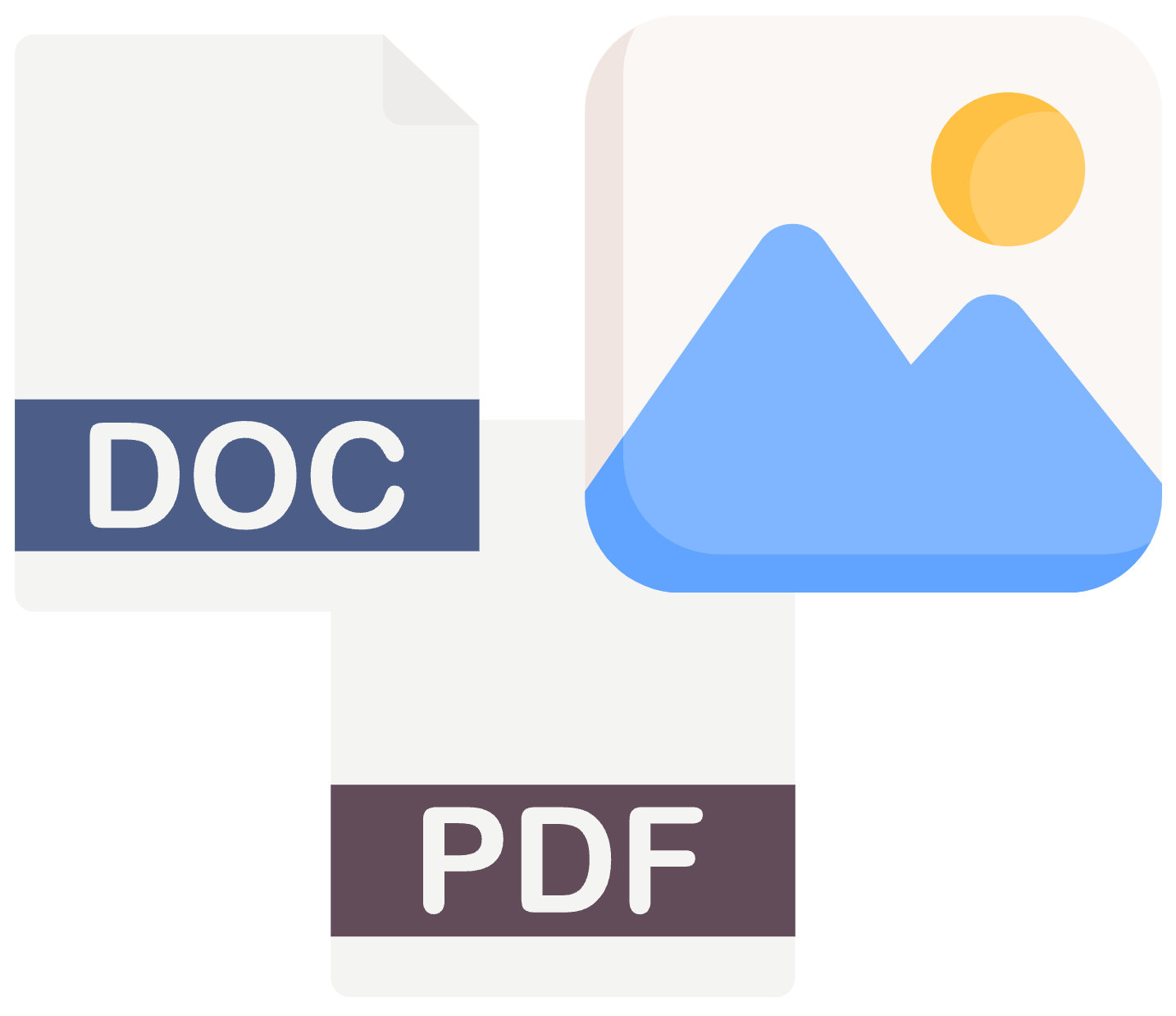 Icons of a Doc, PDF, and image.