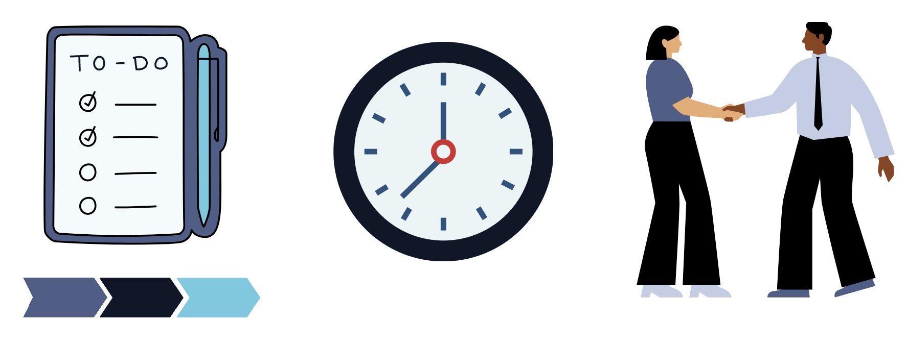 A to do list, a clock, and two people shaking hands