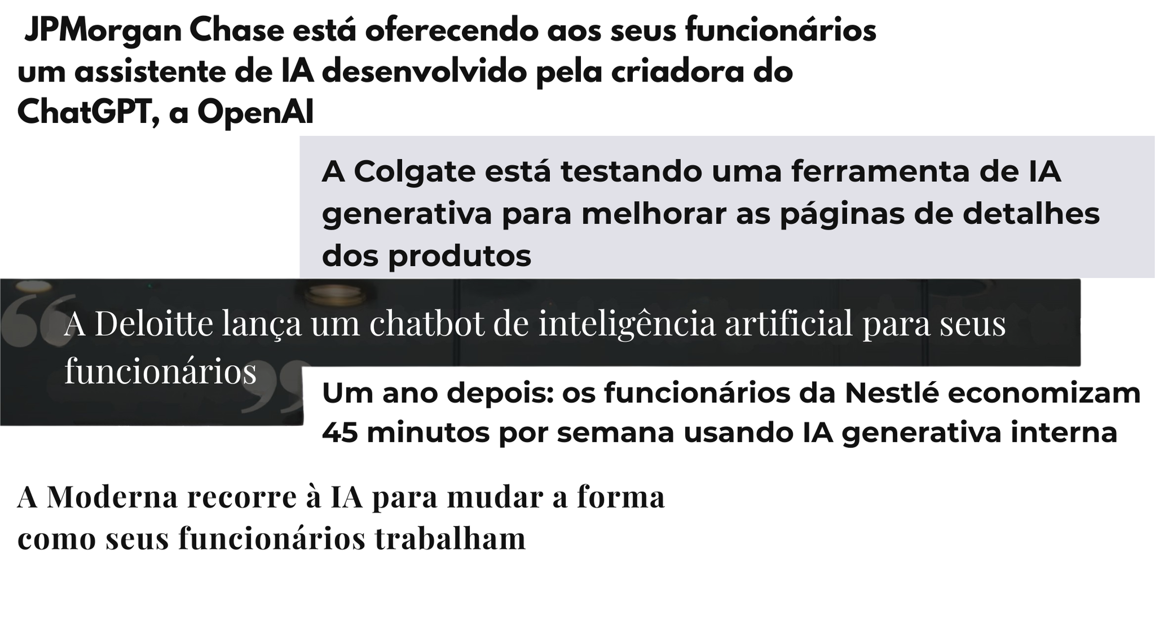 Manchetes de notícias sobre empresas que estão desenvolvendo e adotando modelos de GPT