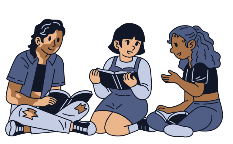 Three students sitting on the ground in casual clothes: representing school