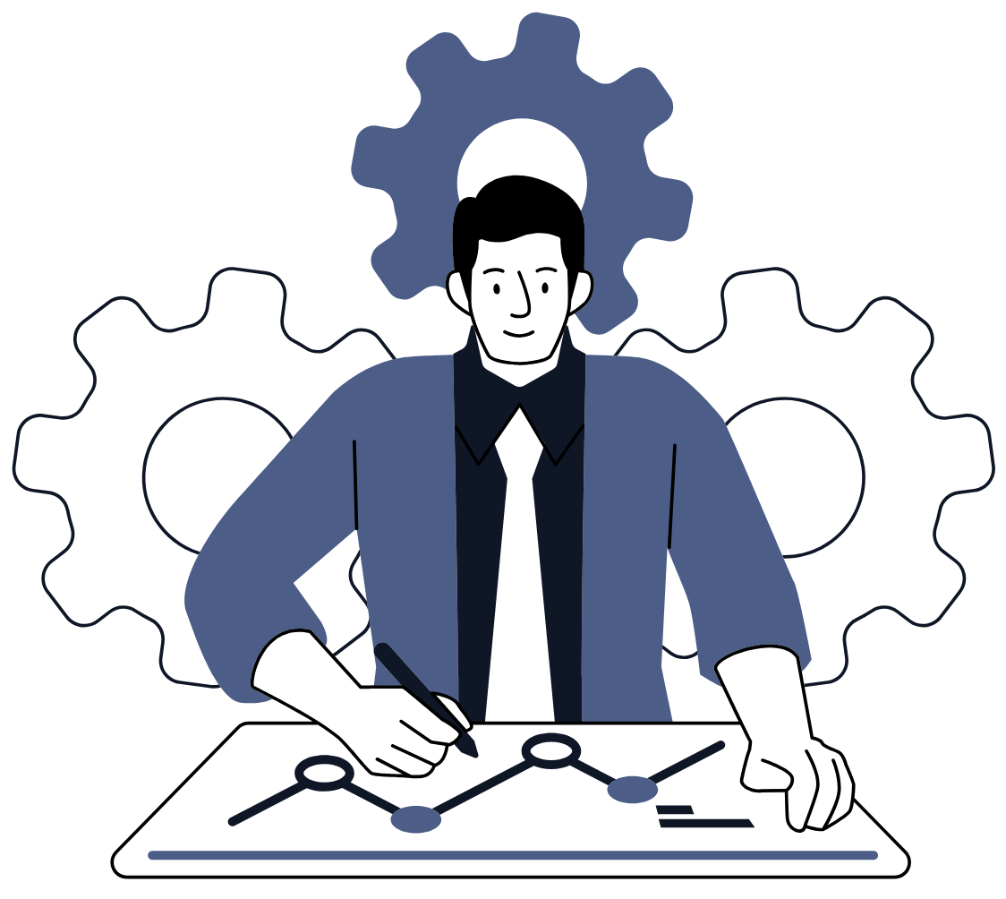 An illustration of a person with gears behind them working on a graph to represent a stock manager