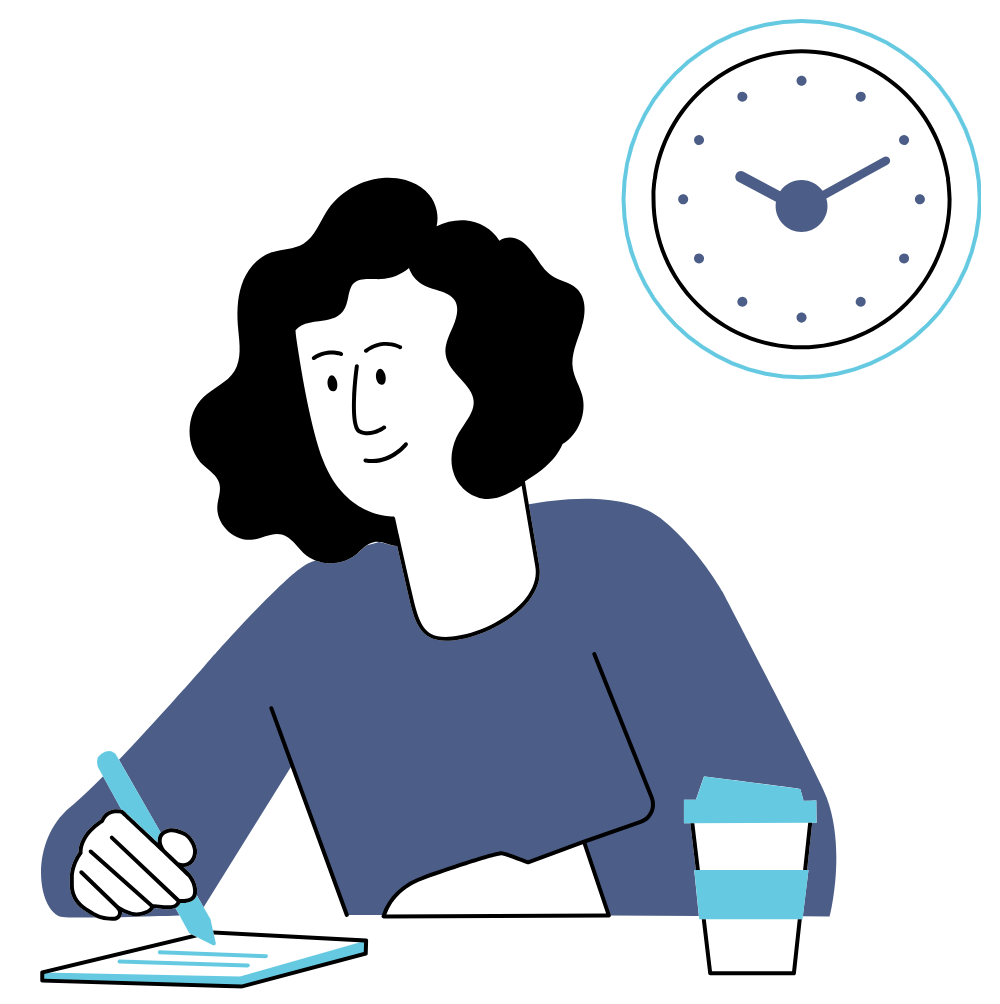 An illustration of a person working on a tablet with a cup of coffee and a clock behind them to represent a people team manager making plans