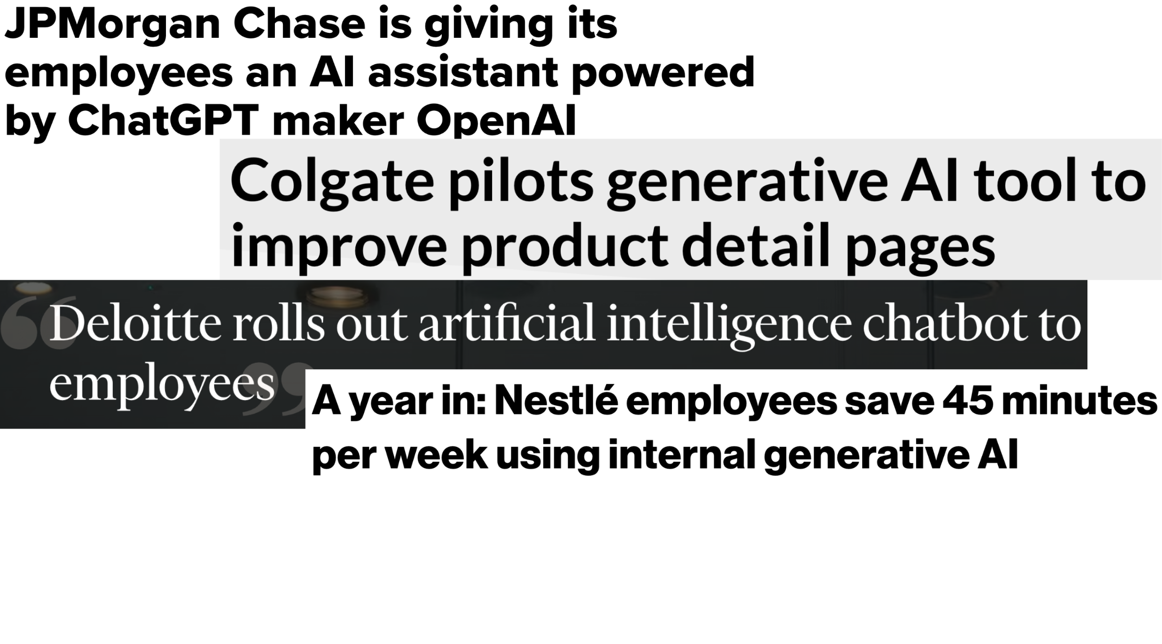 News headlines of businesses developing and adopting GPT models