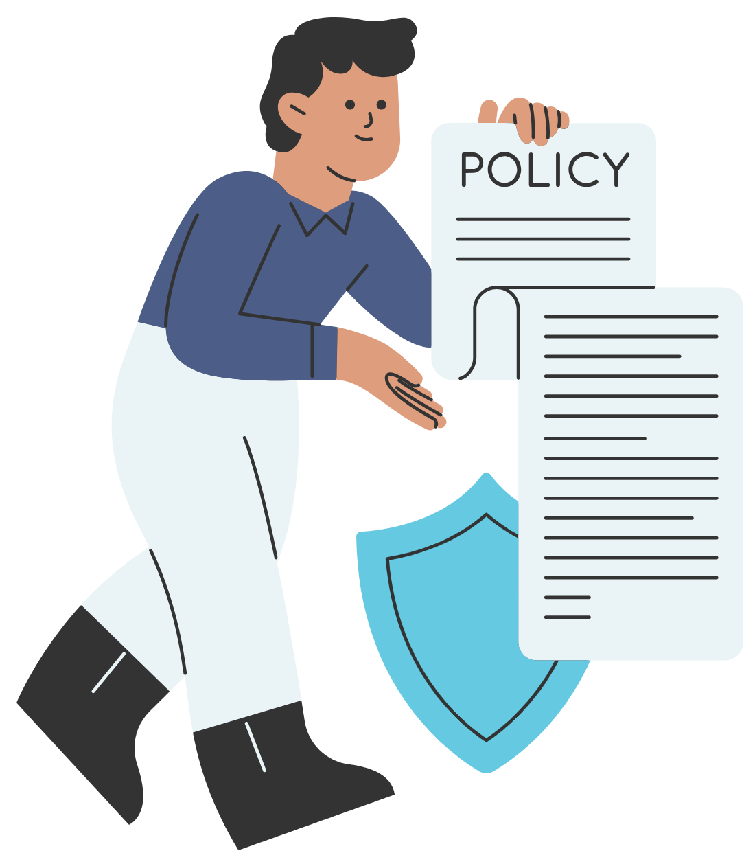 A person holding a long scroll document with policy written at the top