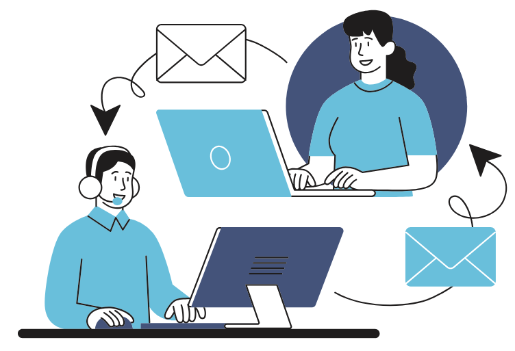 Two people working on computers and exchanging emails
