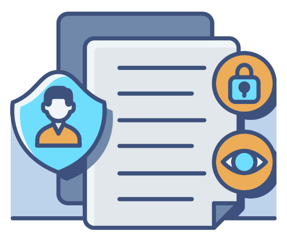 Illustration of a document with various shields such as a lock and an eye to indicate privacy and securty