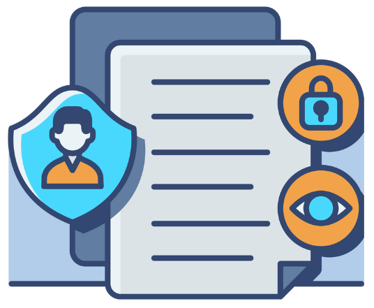 Illustration of an document with several icons such as a lock and an eye to represent the considerations