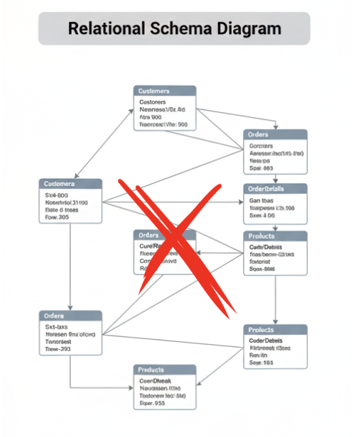 Relational schema diagram labeled "Complex joins = Not needed here