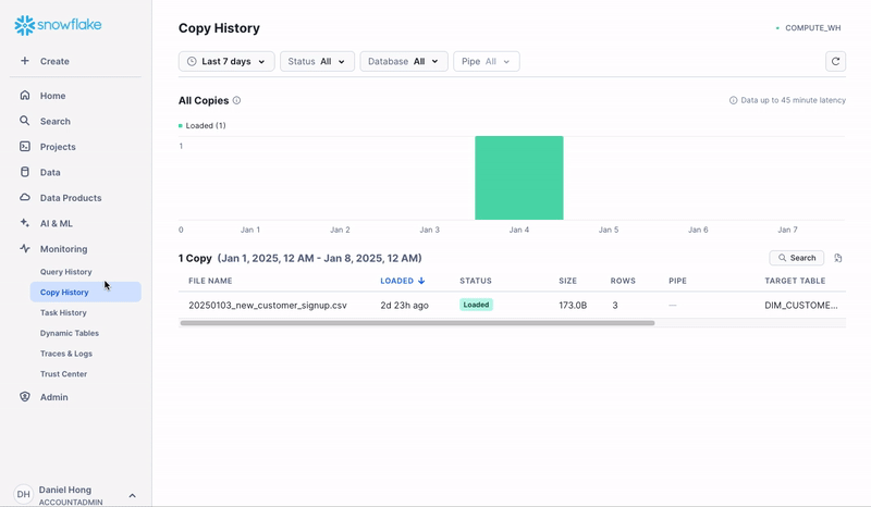 GIF of viewing Copy History in Monitoring tab