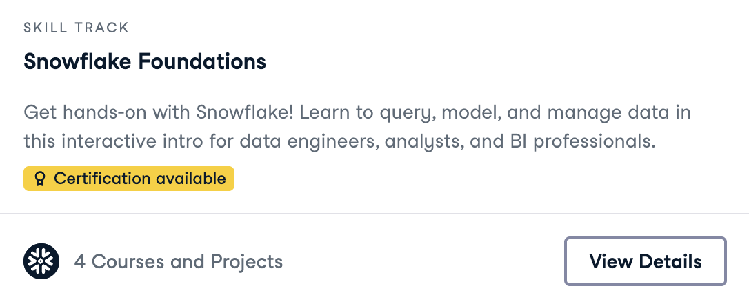 Screenshot of DataCamp's Snowflake Foundation Skill Track