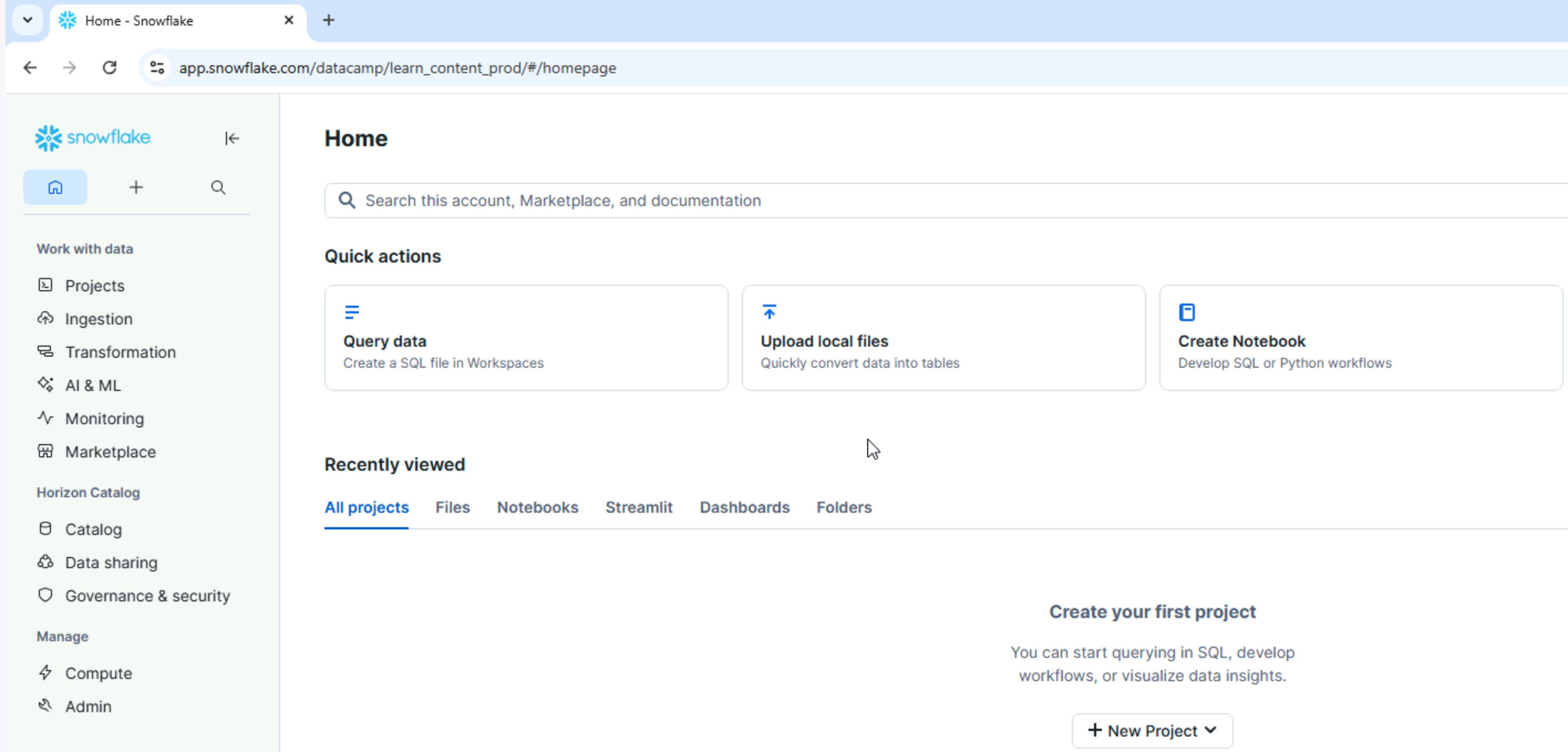 Screenshot of Snowsight UI