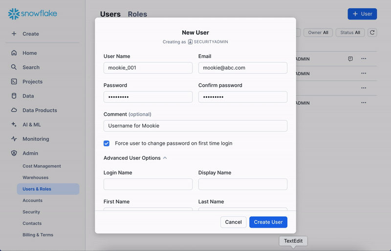 GIF of creating a new user