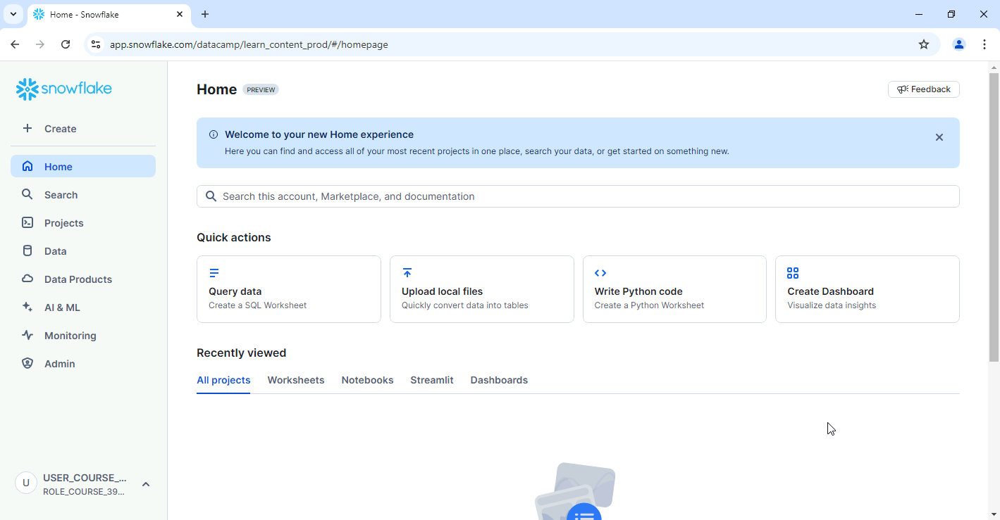 Screenshot of Snowsight UI
