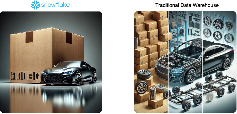 A picture showing a newly built car versus a picture of a car being assembled from its parts.
