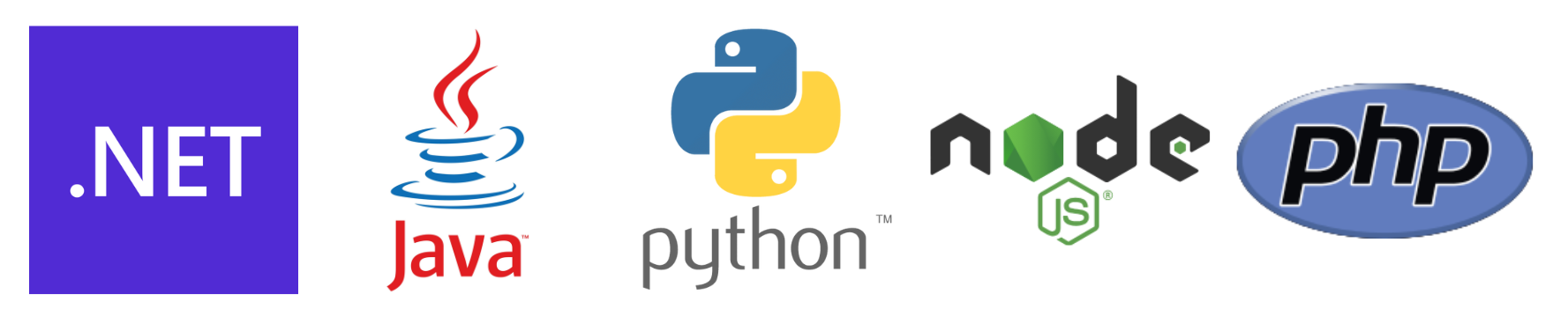 Logos for .Net, Java, Node.js, Python, and PHP