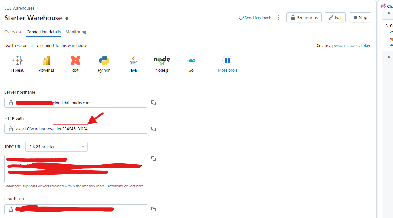 Databricks SQL Warehouse Connection Details