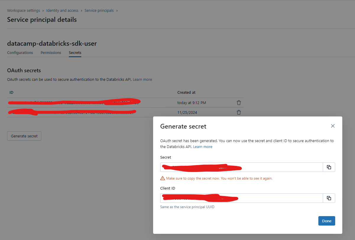 Image of Secrets page for Databricks Workspace Service Principal