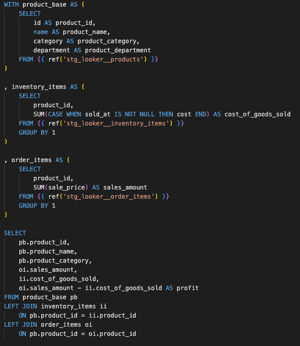 A screenshot of a sample SQL logic file with various CTEs.