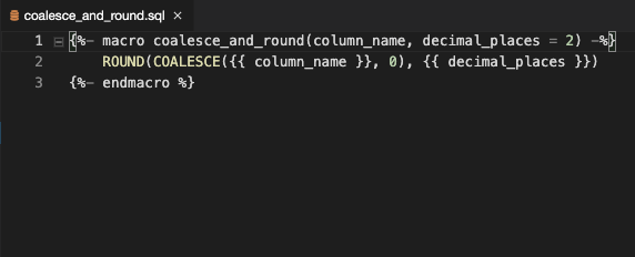 A screenshot of the IDE, with the `coalesce_and_round.sql` file open in the IDE editor showing its macro logic.