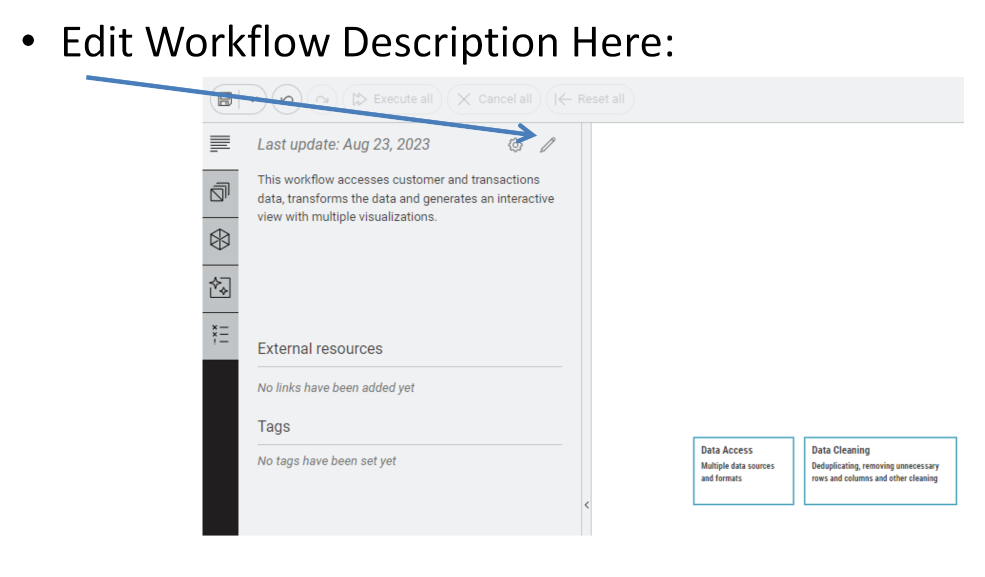 KNIME canvas screenshot showing how to edit the workflow description