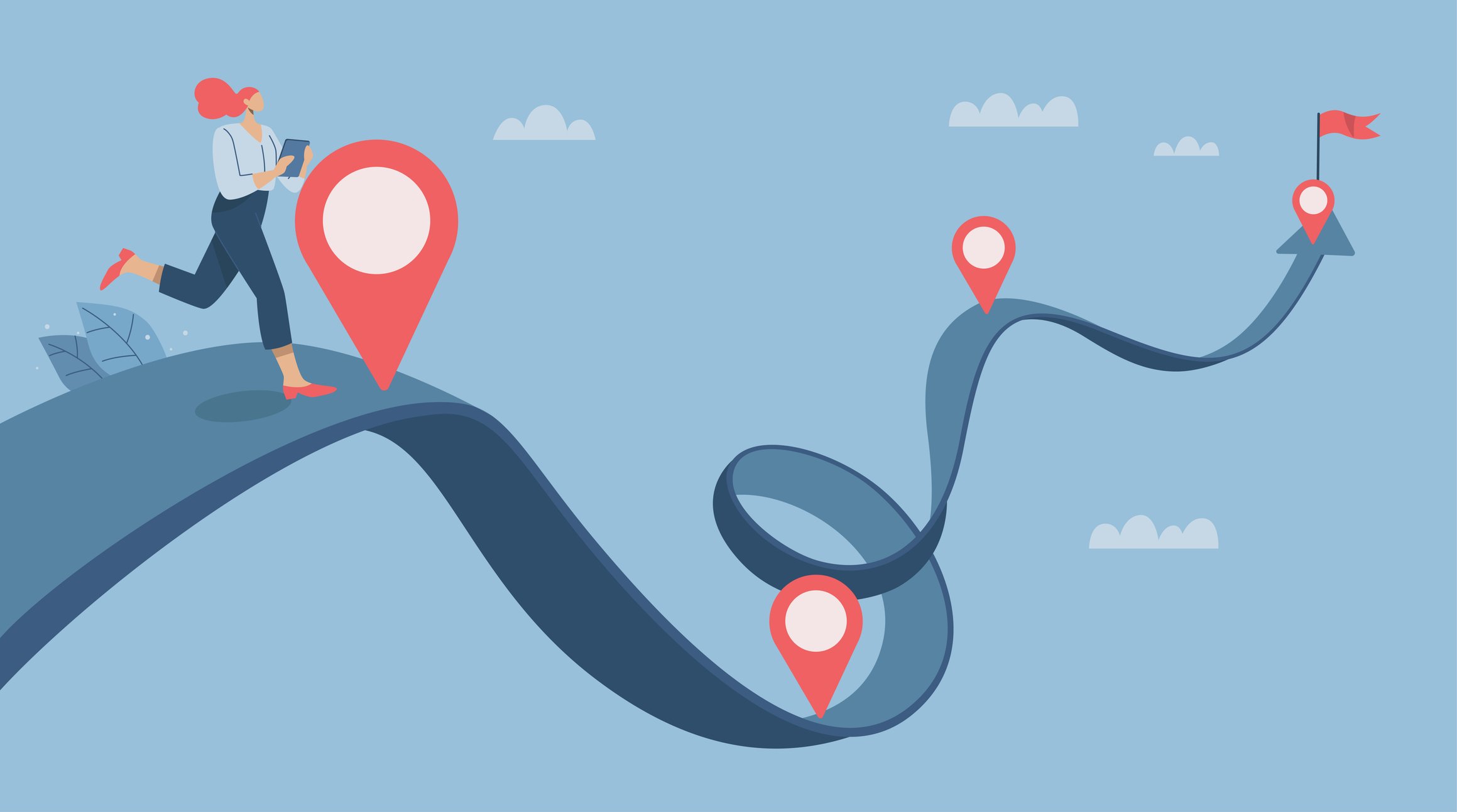 Illustration of a path in the air with some location tags. A figure is at the start of the path and moving along it