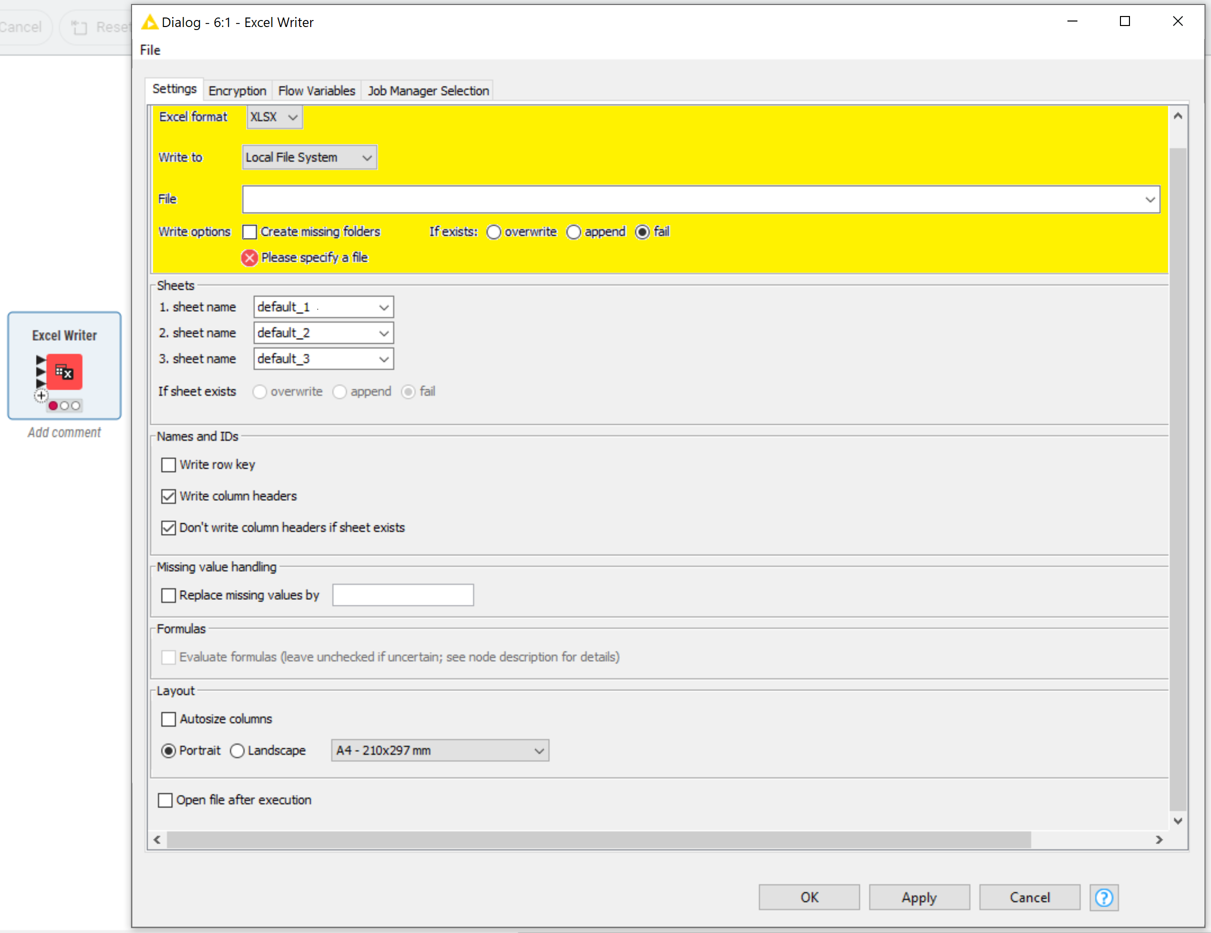 KNIME Excel Write node configuration filename highlighted