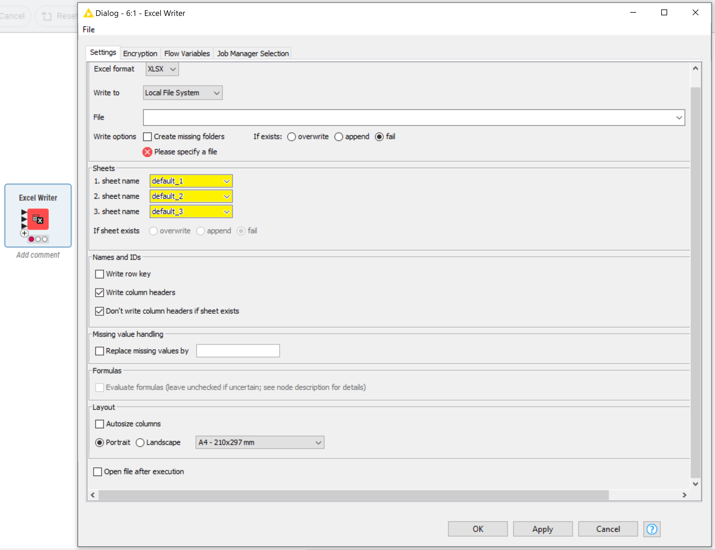 KNIME Excel Write node configuration sheetnames highlighted