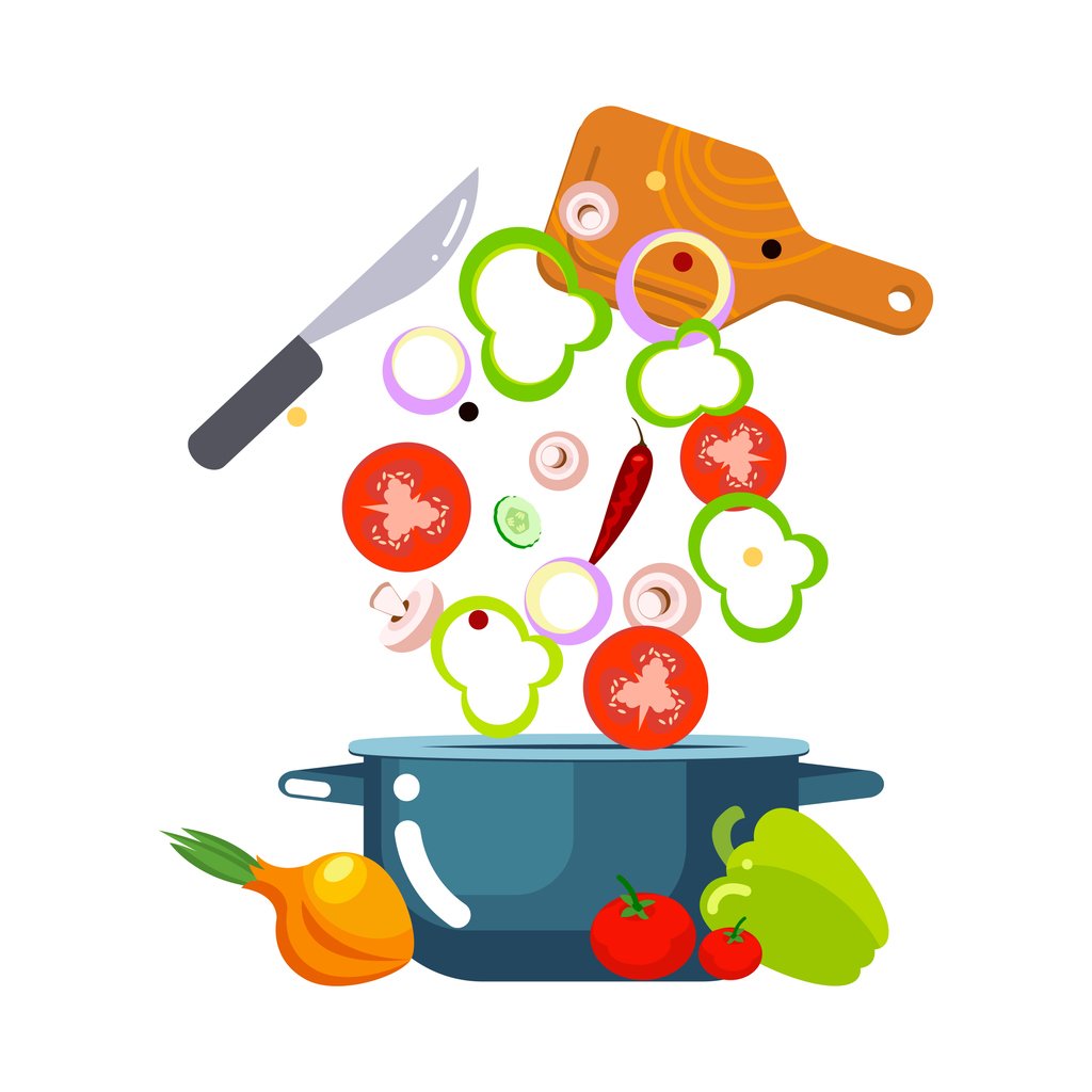 An illustration of a soup being prepared to depict the concept of a recipe.