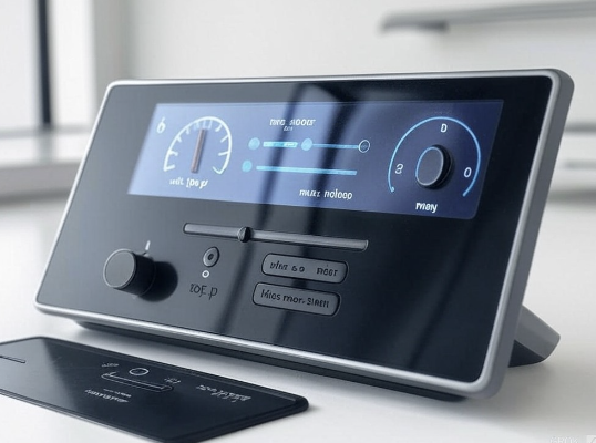 A digital control panel or dashboard with a speedometer-like display, knobs, and buttons, representing the various parameters that can be adjusted when working with language models in Amazon Bedrock. The panel has a modern, sleek design with blue backlighting.