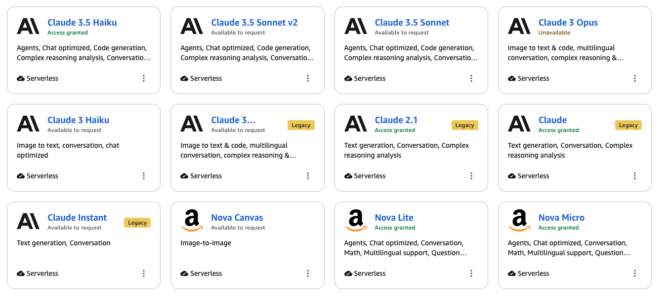 A screenshot showing the Claude and Nova models enabled on the AWS Console.