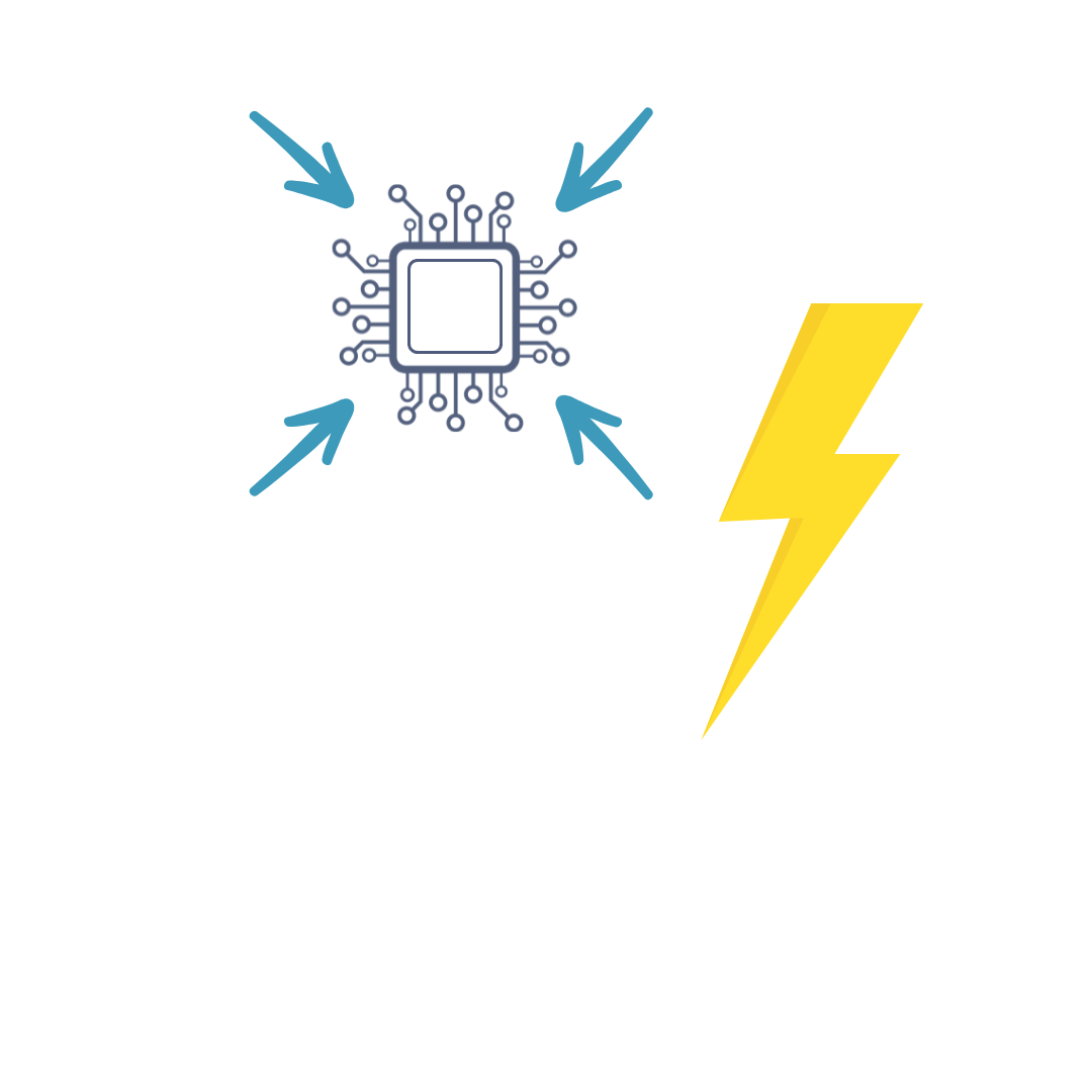 Icons representing a reduction in computing memory and a lightning bolt