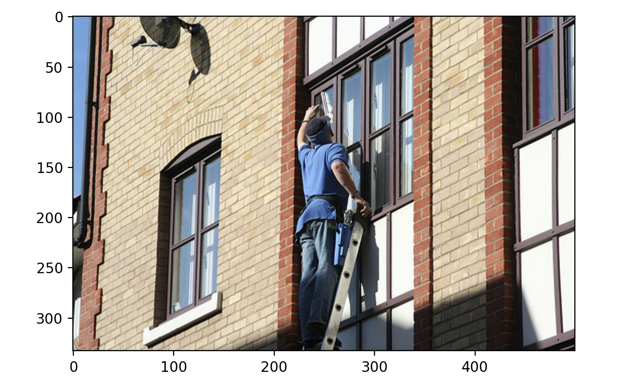 Photo of a man standing on a ladder cleaning a window