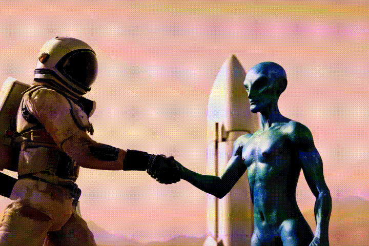Example video from the CogVideoX model with prompt showing an astronaut shaking hands with an extra terrestrial