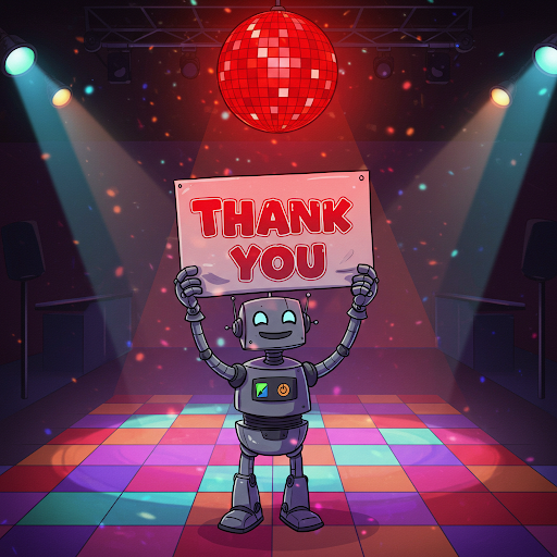 A thank you sign held by a robot at a disco