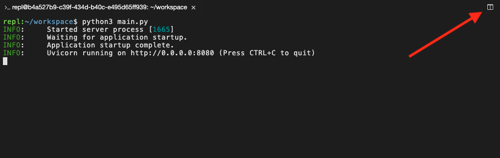 Terminal with arrow pointing to the "new terminal" button on top right.