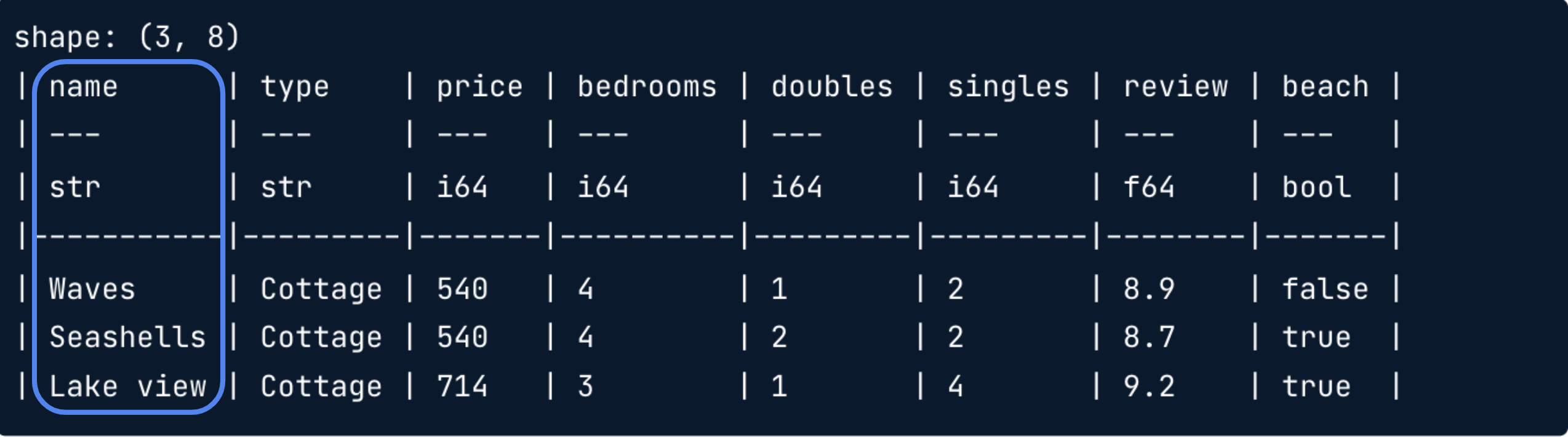 The rentals DataFrame with the first column highlighted.