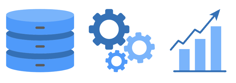 A schematic of a database, some gears and a chart to illustrate analysis.
