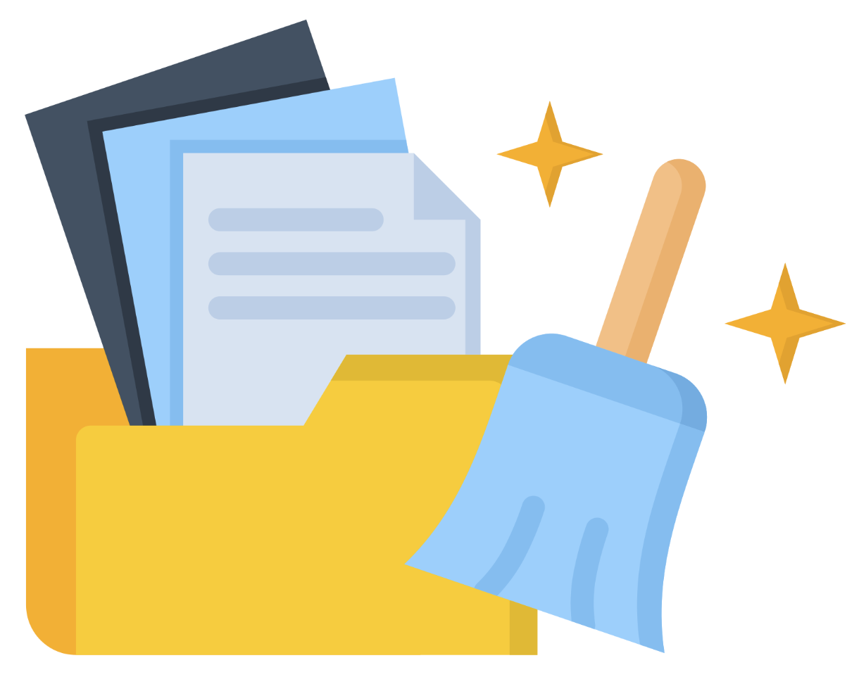 Illustration of a file and a broom to symbolize data cleaning and transpformation