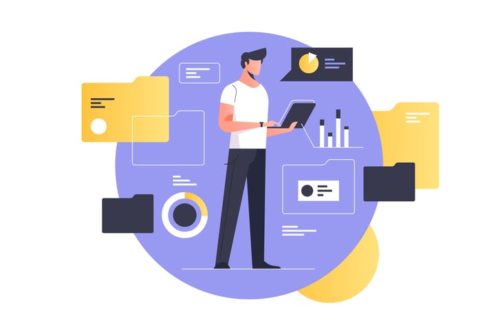 man in center of different information about data