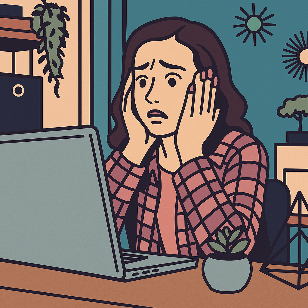 Distressed woman sitting  with laptop