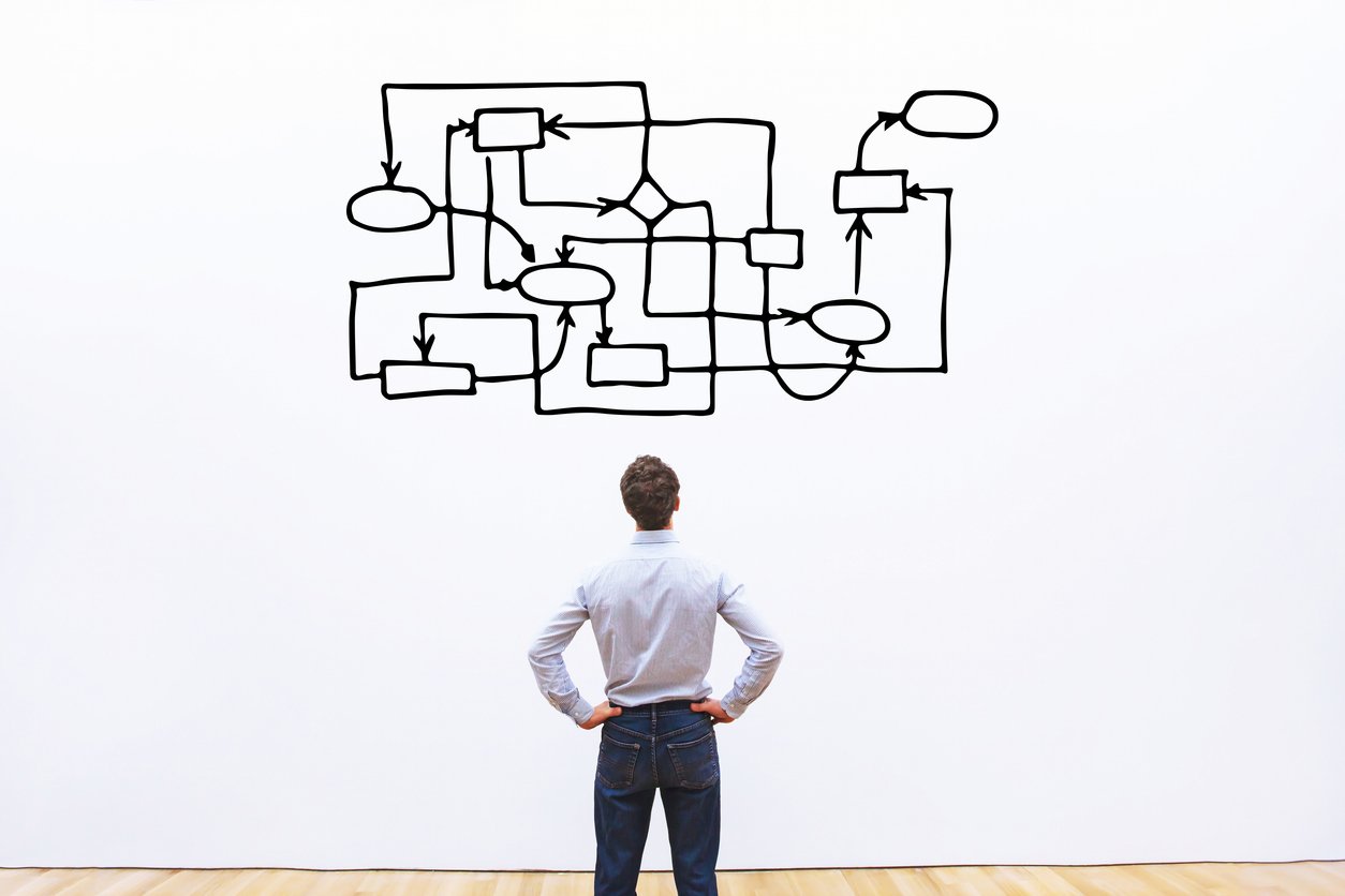 Man standing in front of complex graph