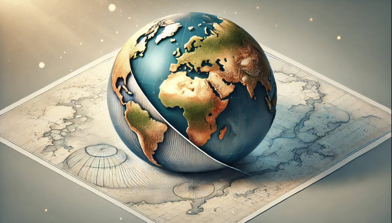 A 3D map being flattened into a 2D one.