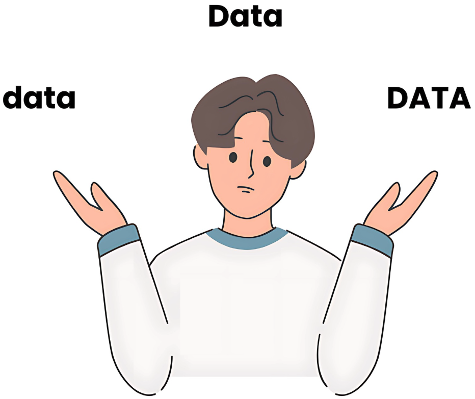 Image showing a person confused between 'data', 'Data', and 'DATA.'