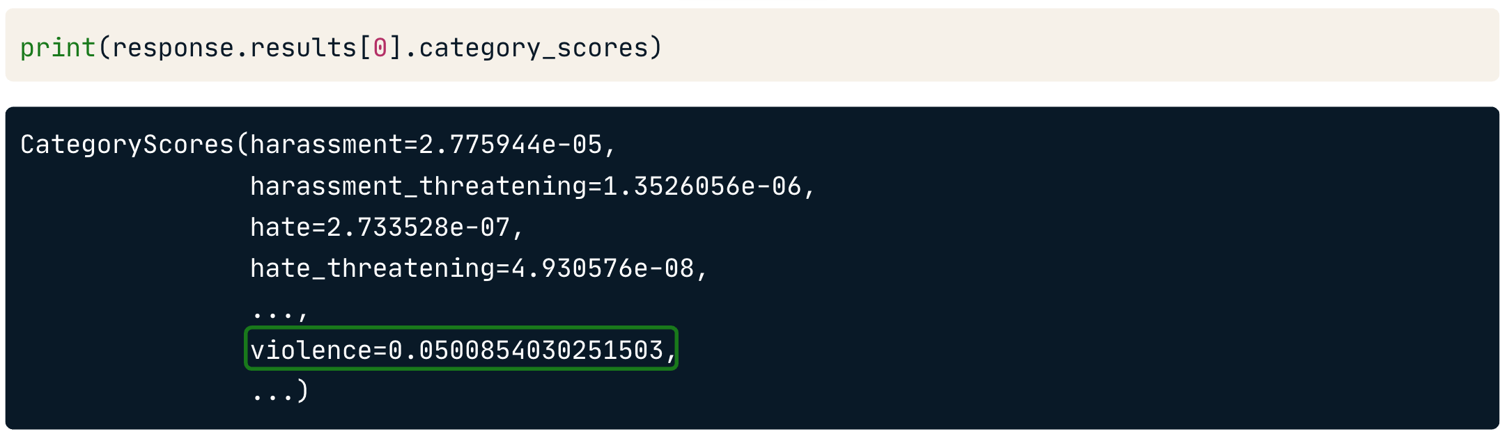 category_scores with violence highlighted