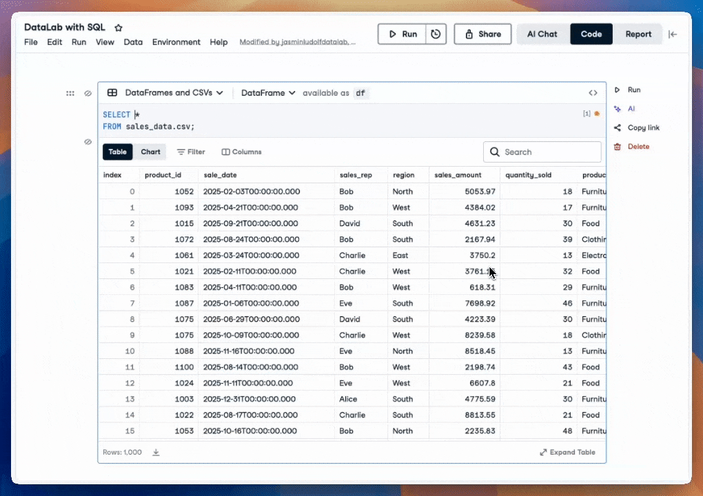 GIF of DataLab showing the query being modified and run again