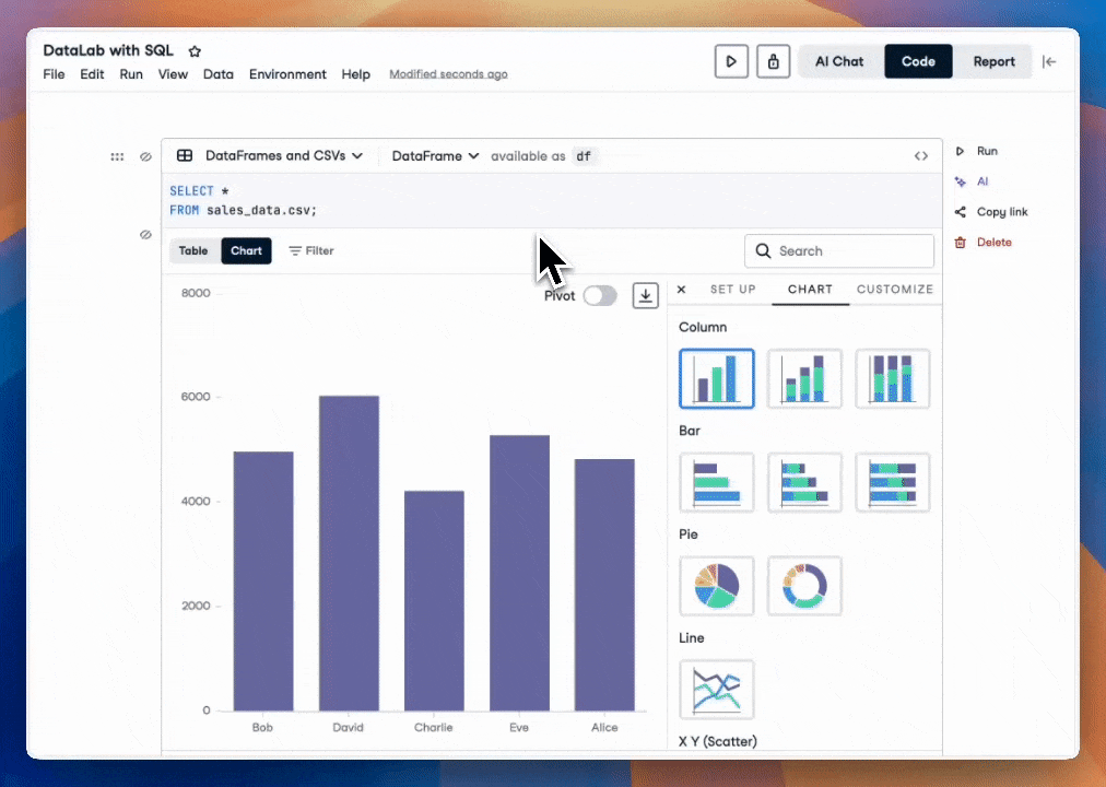 GIF of DataLab showing the categories options