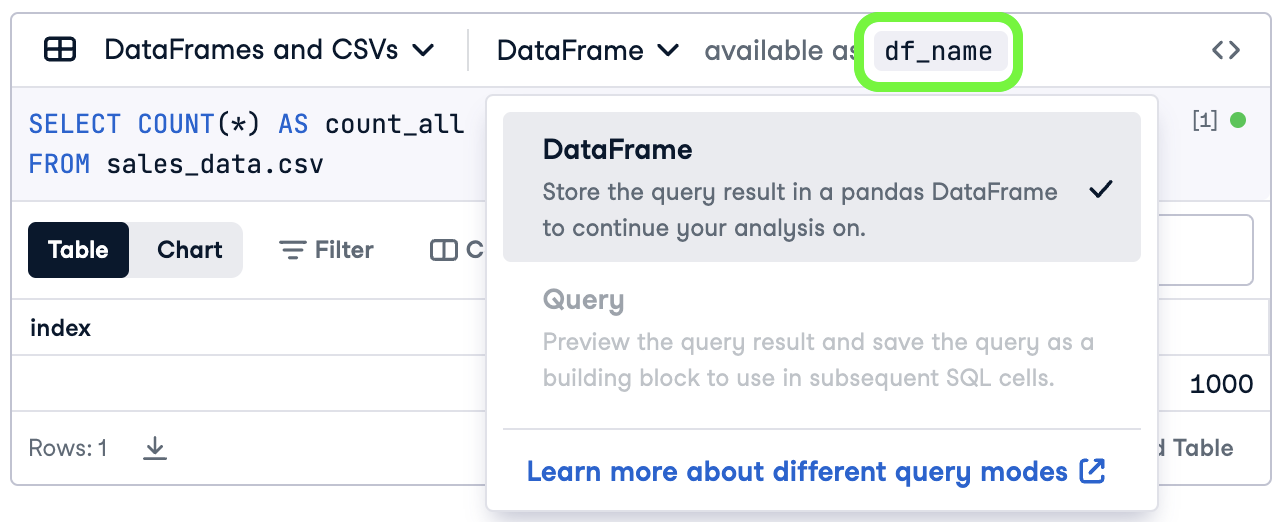 Screenshot of the SQL cell highlighting the data frame name field